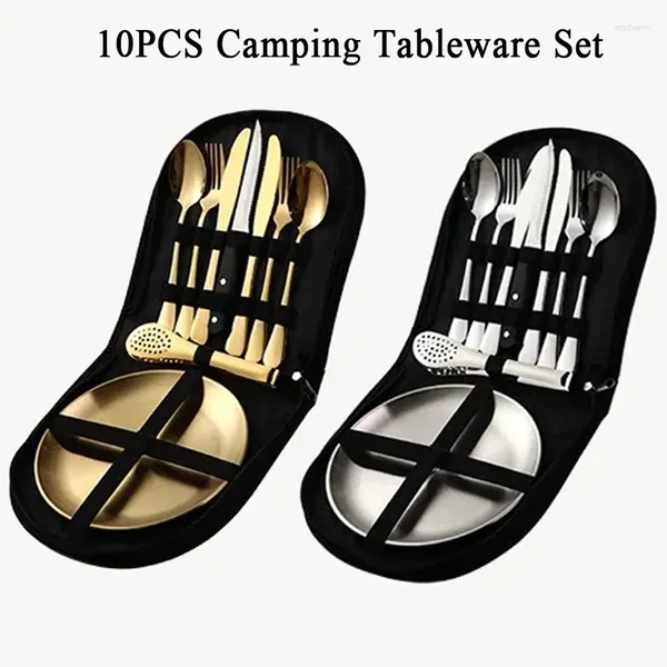 Ensembles de vaisselle 10pcs Ensemble de vaisselle de camping avec sac de voyage extérieur Picnic Barbecue Clip Clip Steak Knife Fork Spoon