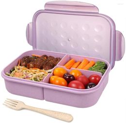 Din sets sets 1150 ml Bento lunchbox voor kind 3 compartiment tarwe stro opslagcontainer met lepels kinderen schoolmaaltijd prep