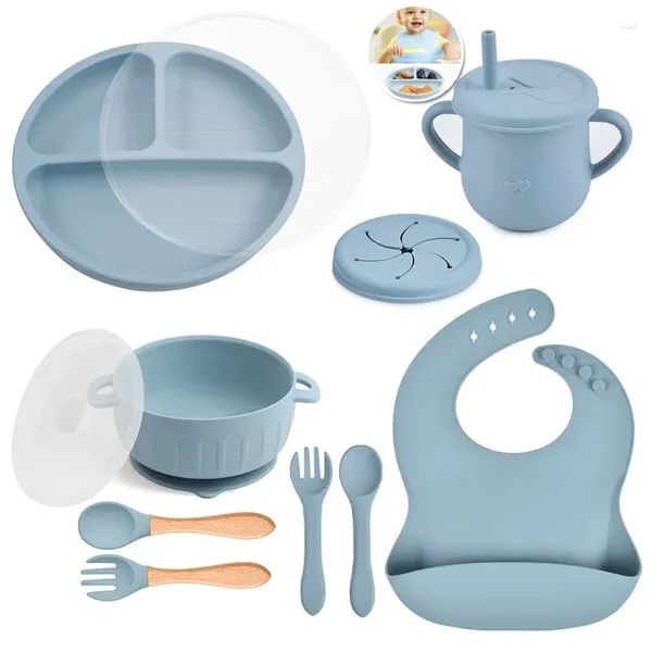 Ensembles de vaisselle 11 pièces/ensemble vaisselle pour enfants bébé bavoir étanche Feeidng assiettes de couleur unie ventouse plats cuillère fourchette étanche Sippy