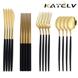 Dinnerware Sets 12-16 Pcs Black Gold Cutlery Set Chopsticks Knife Fork Spoon Golden Stainless Steel Korean Dinnerware Set Luxury Tableware Set 230506