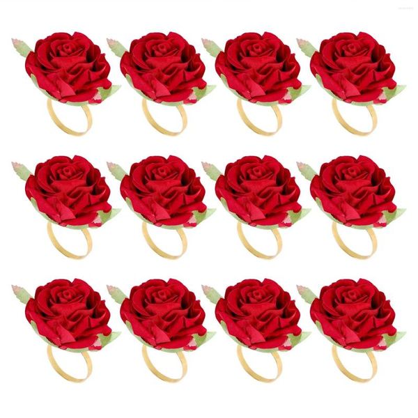 Conjuntos de vajilla 12 PCS Forma de rosa roja Toalla Hebilla Anillo de servilleta Fiesta de boda Día de San Valentín El Decoración de mesa Metal Soporte de oro