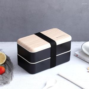 Dedzaam sets 1200 ml mode houten hoes lunchbox met lepel dubbele laag draagbare magnetron bento gezonde plastic container