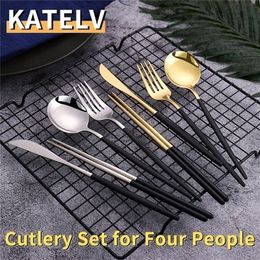 Dinware sets 1216 PCS Black Gold Koper Chopsticks mes Fork lepel gouden roestvrij staal Koreaans luxe servies