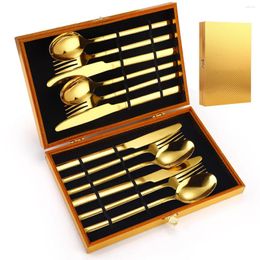 Dijkartikelen sets 12 stks gouden flatware set met geschenkdoos roestvrijstalen bestek zwart mes vork lepel keuken tafelgerei