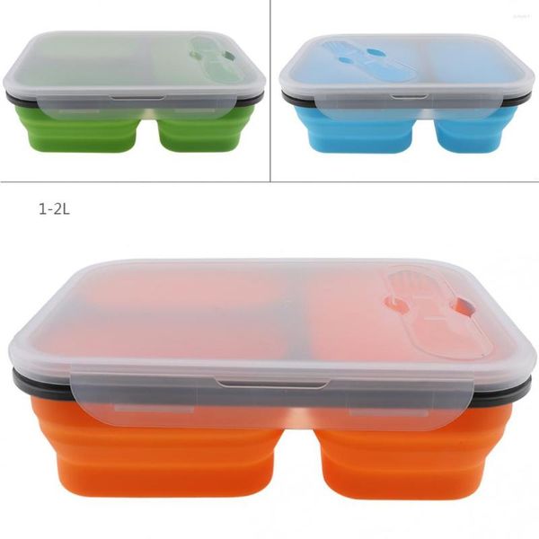 Ensembles de vaisselle 1350 ml rectangle trois tremblements de réseau en silicone pliant à l'échelle avec cuillère fourche à deux usages de table pour - 40-230