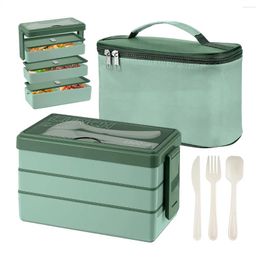 Ensembles de vaisselle Boîte à Bento de 1500 ml avec sac – Ensemble de couverts à déjeuner à 3 couches, récipient de préparation de repas 4 en 1, sac isolé (vert)