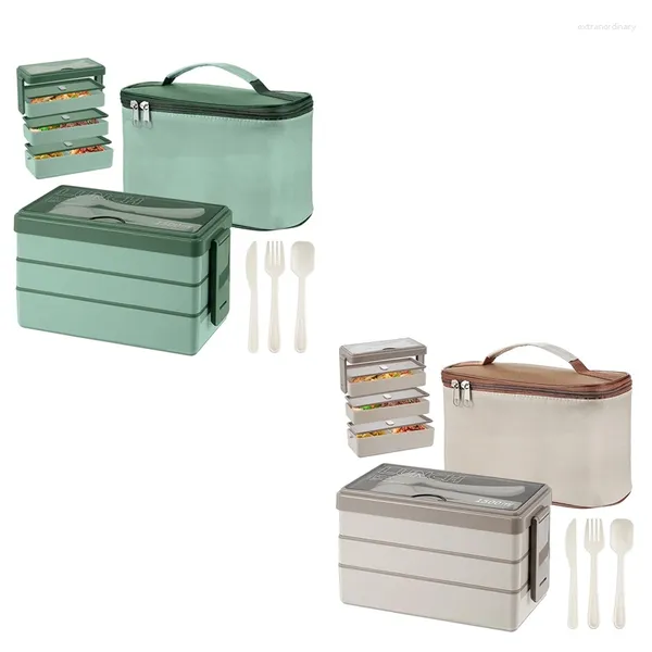 Ensembles de vaisselle Boîte à bento de 1500 ml avec sac - Ensemble de couverts à déjeuner à 3 couches Récipient de préparation de repas 4 en 1 isolé durable