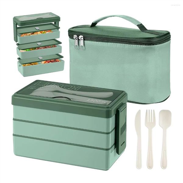 Juegos de vajilla Caja Bento de 1500 ml con bolsa - Juego de cubiertos para el almuerzo de 3 capas Contenedor de preparación de comidas 4 en 1 Bolsa aislada (verde)