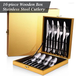 Ensembles de vaisselle 16PC Ensemble en acier inoxydable Fourchettes et cuillère Cadeau Boîte en bois Couverts Steak pour 4 personnes Vaisselle