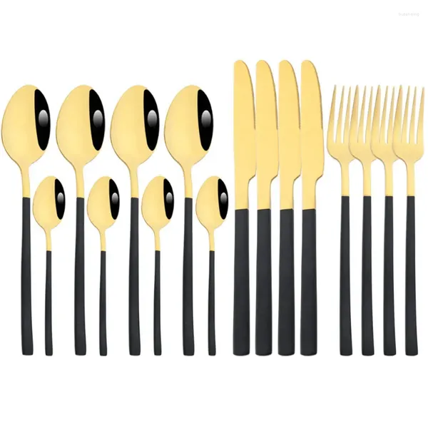 Juegos de vajilla 16 piezas de cubo de oro negro con cuchillo de acero inoxidable cuchillo de té cuchar de té cubiertas de cocina occidental