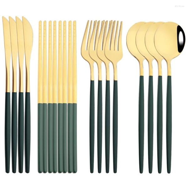 Ensembles de vaisselle 16 pièces baguettes couteau fourchette cuillère ensemble de couverts vert or luxe en acier inoxydable couverts vaisselle coréenne
