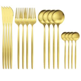 Ensembles de vaisselle 16 Pcs Or Mat Couverts Ensemble Couteau Fourchette Cuillères Vaisselle En Acier Inoxydable Vaisselle Western Couverts Cuisine Argenterie Ensemble 230518