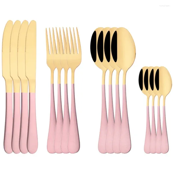 Ensembles de vaisselle 16pcs Pink Gold Mirror Cutlery Set Couteaux Forks Coffee Spoon Sleewware en acier inoxydable en acier argenté