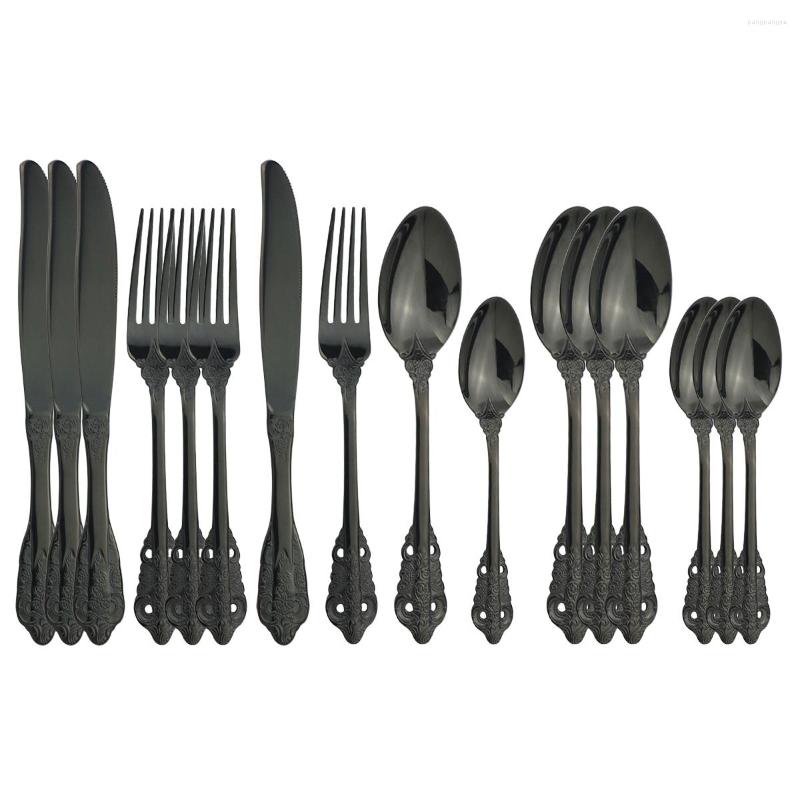 Brand: Steelware
Type: Dinner Set
Specs: 16Pcs/Set, Black, 304 Stainless Steel 
Keywords: Cutlery, Tableware, Silverware, Home Dinner
Key points: Durable, Sleek Design, Rust-proof
Features: Knife, Fork, Spoon
Scope of Application: Home and Restaurant Use
