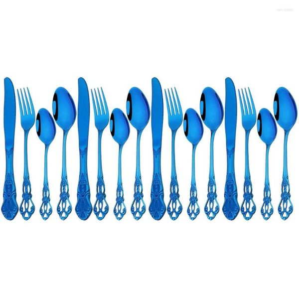 Ensembles de vaisselle 16 Pcs Vintage Set Miroir En Acier Inoxydable Couverts Bleu Couteau Fourchette Cuillère À Café Vaisselle Western Cuisine Couverts