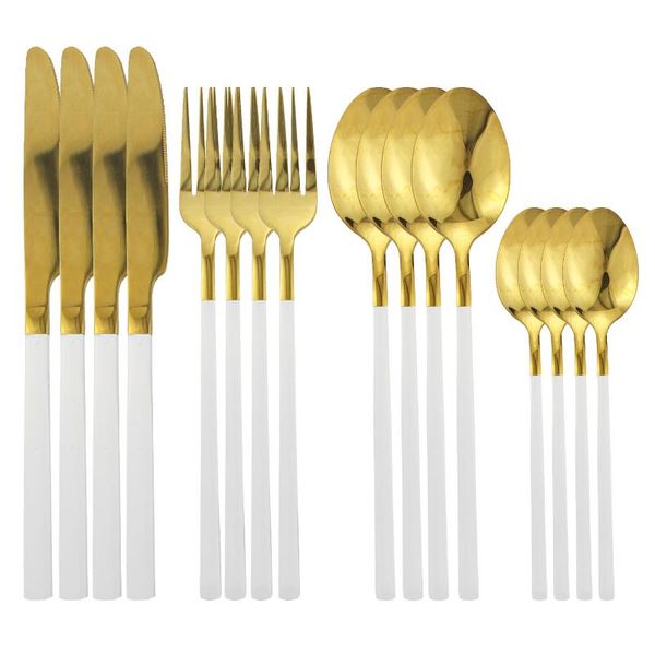 Juegos de vajilla Juego de cubiertos de oro blanco de 16 piezas, cuchillo, tenedor, cuchara, cubiertos de acero inoxidable dorado, juegos de vajilla de cocina para el hogar, vajilla