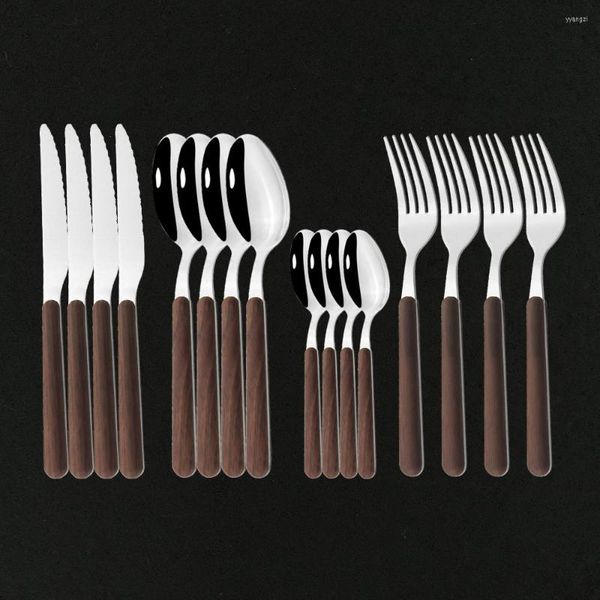 Ensembles de vaisselle 16pcs en bois de table pour la cuisine en acier inoxydable Western Fork à cuillère à café de couverts de couverts d'argenterie en acier inoxydable