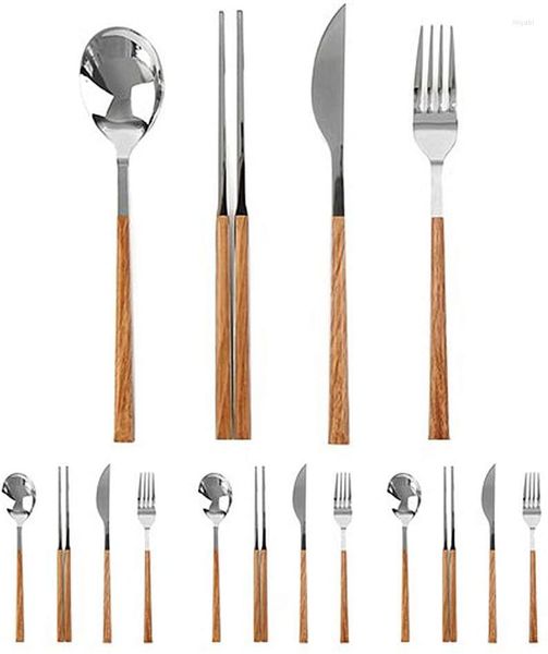 Ensembles de vaisselle 16 pièces Imitation bois couverts ensemble couteau coréen fourchette cuillère baguettes bois vaisselle couverts