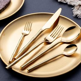 Ensembles de vaisselle 18/10 ensemble de couverts en acier inoxydable couteau à steak fourchette bambou design couverts en argent doré pour 6