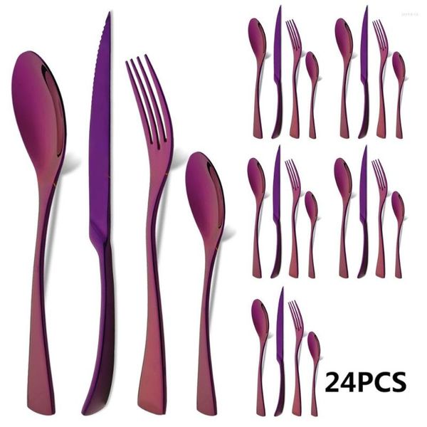 Ensembles de vaisselle 18/10 acier inoxydable violet ensemble de couverts 24 pièces or couteau à Steak fourchette cuillère cuillère à café couverts maison vaisselle