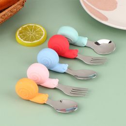 Vaisselle ensembles 1Pc mignon dessin animé hippopotame escargot Silicone bébé cuillère et fourchette en acier inoxydable ustensile infantile alimentation vaisselle