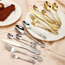Dijkartikelen sets 1 pc gouden roestvrijstalen mes lepel vork Europeaan vintage uitgehold tafelgerei voor steak fruit dessert trouwfeestje
