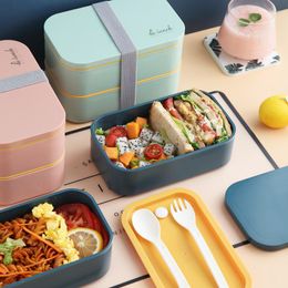 Geschirr-Sets 1 STÜCK Lunchbox für Kinder Schule 1600 ml Mikrowelle 2 Schicht Salat Tragbare Bento mit Löffel Gabel Aufbewahrungsbehälter Lunchbox