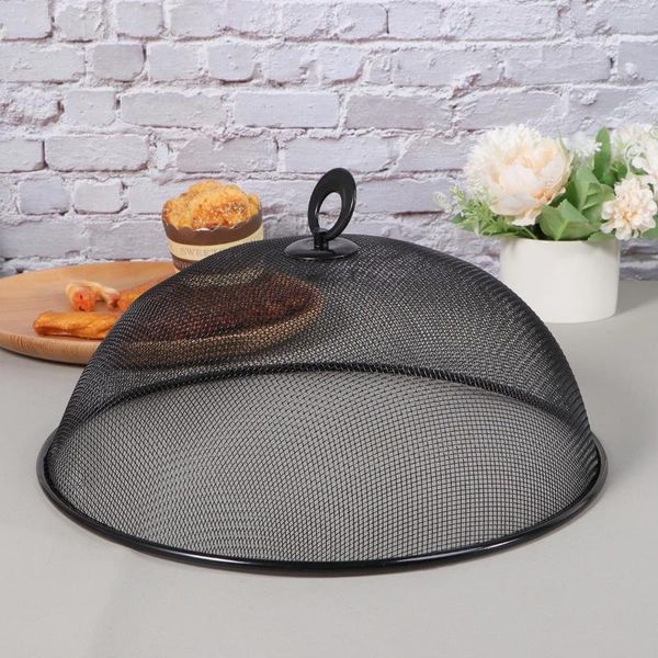 Conjuntos de vajilla 1pc Placa Cubierta Plato Malla Mesa de comedor Estilo redondo Anti Mosquito Cocina Acero inoxidable (Negro)