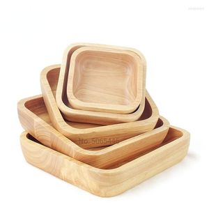 Conjuntos de vajilla 1pc Tazón de madera cuadrado 4 tamaños Conjunto de ensalada Grande Pequeño plato de madera Snack Postre Servir platos Contenedor Vajilla