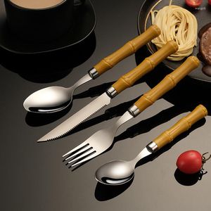Conjuntos de vajilla 1 unid Vintage Mango de bambú natural Acero inoxidable Cuchillo Tenedor Cuchara Cubiertos de lujo Suministros de cocina Venta