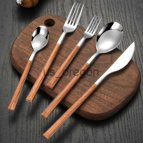 Ensembles de vaisselle 1pcs 304 ensembles de vaisselle en acier inoxydable couteau à steakfourchettecuillère avec manche en bois vaisselle couverts ensemble accessoires de cuisine x0703