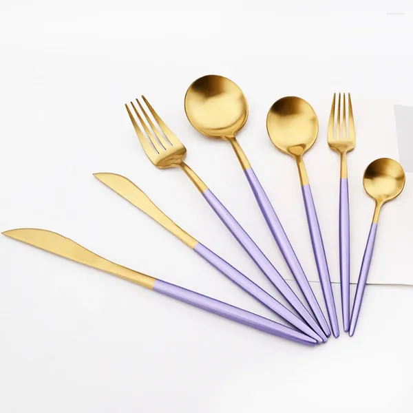 Conjuntos de vajilla 1 Uds. Juego de cubiertos de oro púrpura 304, cuchillo de cena de acero inoxidable, tenedor, cucharadita, vajilla de cocina para fiesta y boda