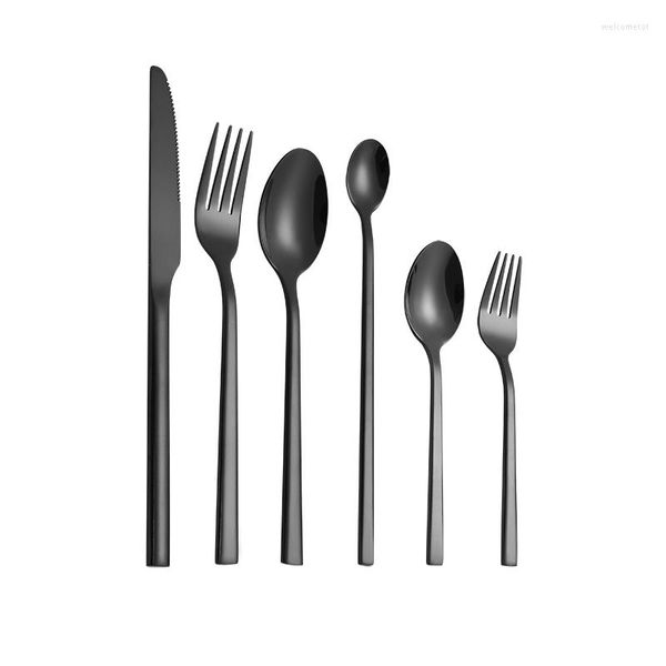 Ensembles de vaisselle 1 pièces acier inoxydable noir couverts couteau fourchette cuillères manche carré vaisselle café glace cuillère Dessert poli