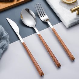 Ensembles de vaisselle 1 pièces ensemble en acier inoxydable couteau à steak/fourchette/cuillère avec manche en bois imitation vaisselle accessoires de cuisine