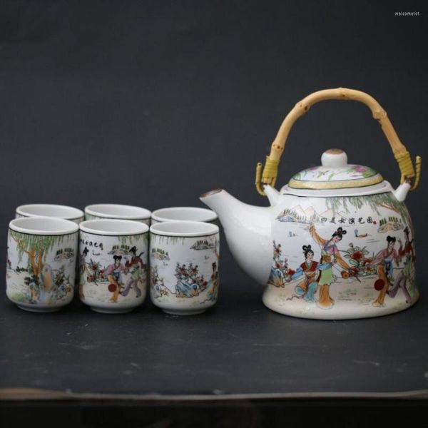 Juegos de vajilla 1set/7pcs China Famille Rose Porcelana pintada a mano Mansion Juego de tazas de tetera
