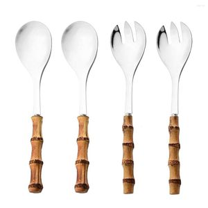 Ensembles de vaisselle 2/4 pièces à long manche cuillère de service fourchette bambou en bois salade Spork cuisine acier inoxydable vaisselle couverts argenterie ensemble