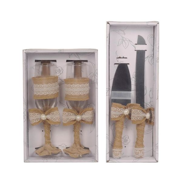 Conjuntos de vajilla 2-4pcs Cuchillo de pastel de boda rústico Juego de servicio Tostado Copas de champán Cumpleaños Aniversarios Fiesta Cortador de pastel Pala Uten