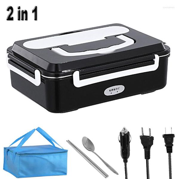 Juegos de vajilla 2 en 1 caja de almuerzo con calefacción eléctrica 220V 110V 24V 12V EU US enchufe calentador contenedor calentador de acero inoxidable portátil Bento