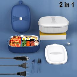 Conjuntos de vajilla 2 en 1 Caja de almuerzo eléctrica Acero inoxidable 12V 24V 110V 220V 55W Contenedor calentador de calefacción Comidas escolares portátiles para automóviles