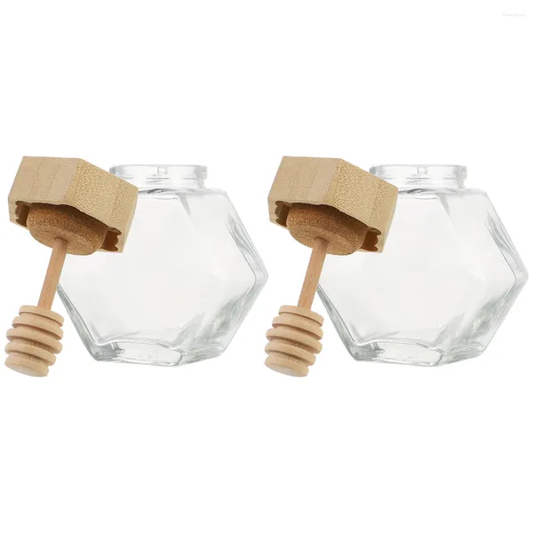 Conjuntos de vajilla 2 PCS Hexágono Miel Botella de vidrio Tapa de madera Tarro hermético Contenedor sellado Tetera Corcho