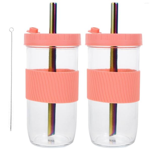 Ensembles de vaisselle 2 pièces tasse à lait tasses à café gobelet en verre réutilisable couvercle paille pailles bouteille d'eau potable coque en silicone jus