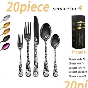 Juegos de vajillas de 20 piezas Cataderías de vajilla de vajilla de acero inoxidable para 4 El diseño de patrones único incluye cuchillos para cenar/horquillas/cuchara Dhhds