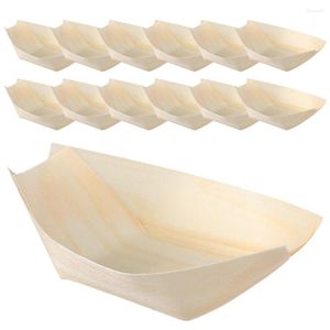 Ensembles de vaisselle 200 pièces jetables en bois bateau Sushi plateau de service bateaux en bambou assiettes ustensiles plateau Dessert Sashimi