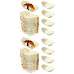 Conjuntos de vajilla 200 PCS Bandeja de utensilios Barco de madera Plato de sushi Platos de madera Deli Conos