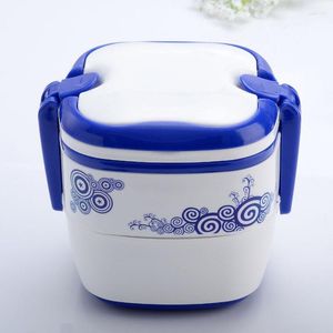 Servies Sets 2023 Blauw En Wit Traditionele Chinese Plastic Lunch Bento Voor Kinderen Draagbare Dubbel Gelaagde Doos Stijl Bestek