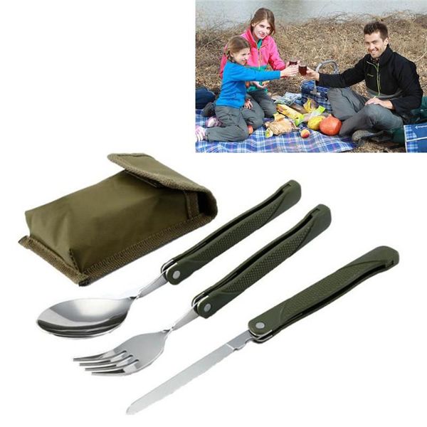 Ensembles de vaisselle 2023 Qualité En Acier Inoxydable Portable Couverts Pliants Ensemble Fourchette Couteau Avec Poche Armée Survie Camping Sac Outils De Plein Air