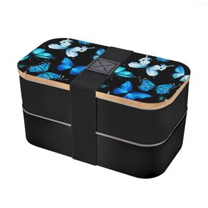 Dinware sets 2023 houten deksel pp materiaal modieuze riem dubbele laag lunchbox mes mes mes blauwe fantasie vlinder