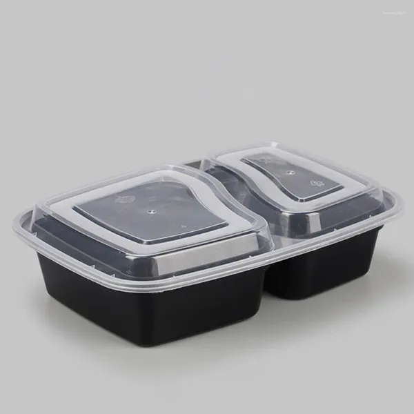 Ensembles de vaisselle 20pcs 1000ml Contenants de préparation de repas jetables Boîte de rangement à 2 compartiments Boîtes à lunch pour micro-ondes (noir avec couvercle)