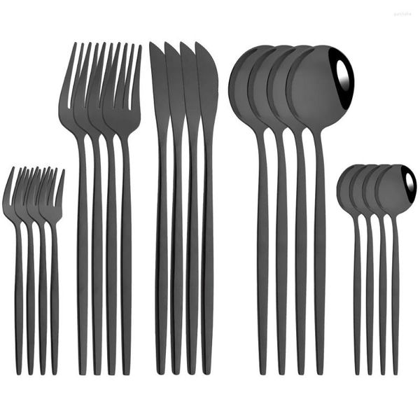 Juegos de vajilla 20 piezas de cubiertas negras cucharadas cucharada de bifurcación pastel de acero inoxidable cubierta de mesa de cucharadita de cocina occidental