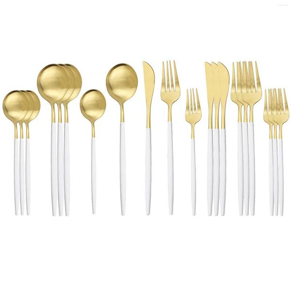 Juegos de vajilla 20 piezas Juego de vajilla de oro blanco Cuchillo mate Cuchara de postre Tenedor Cubiertos Cubiertos de cocina de acero inoxidable